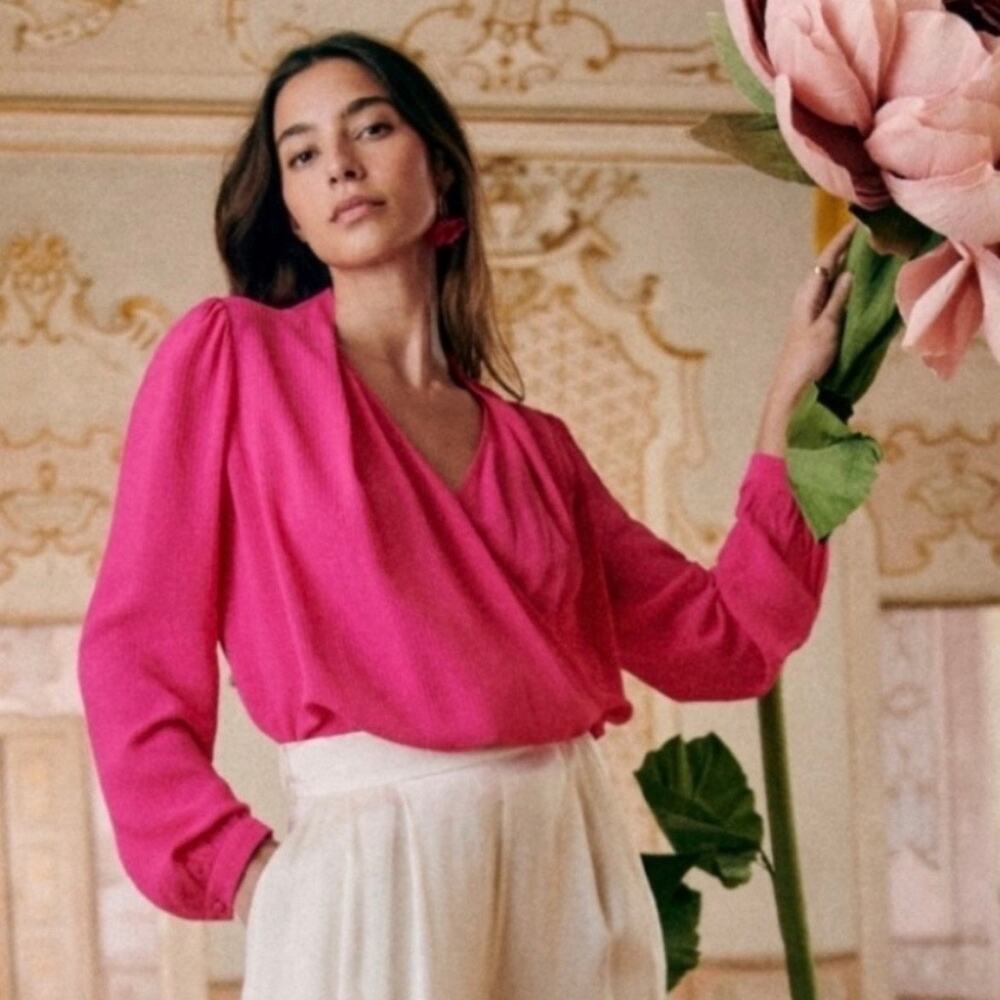 Sézane Abelia Wrap Blouse Bright Pink Size 14